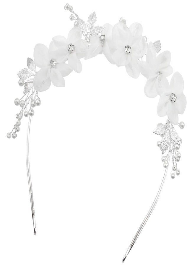 Capiant Tulle Flower Headband, Princess Pearl Hair Accessories, White Floral Wreath Hair Accessory for Birthday Party, Wedding Headbands - Image 1